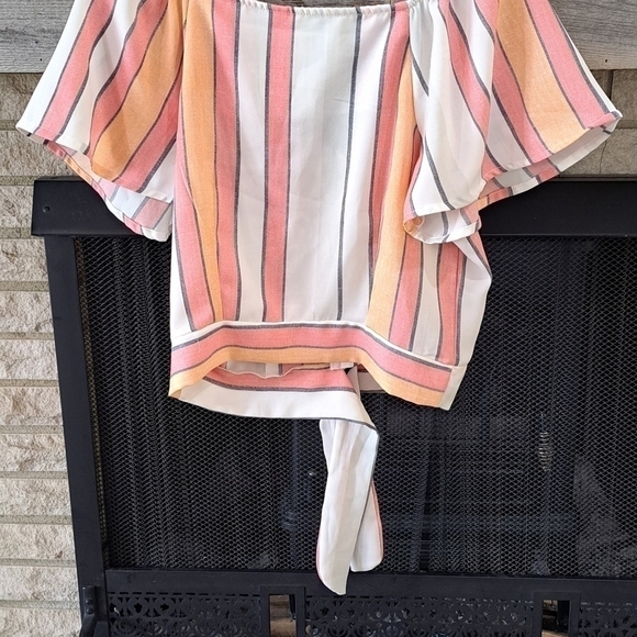 Japna Med Striped Creamsicle Short Sleeve Tie Waist Cropped Top  Blouse V-neck - Picture 8 of 10